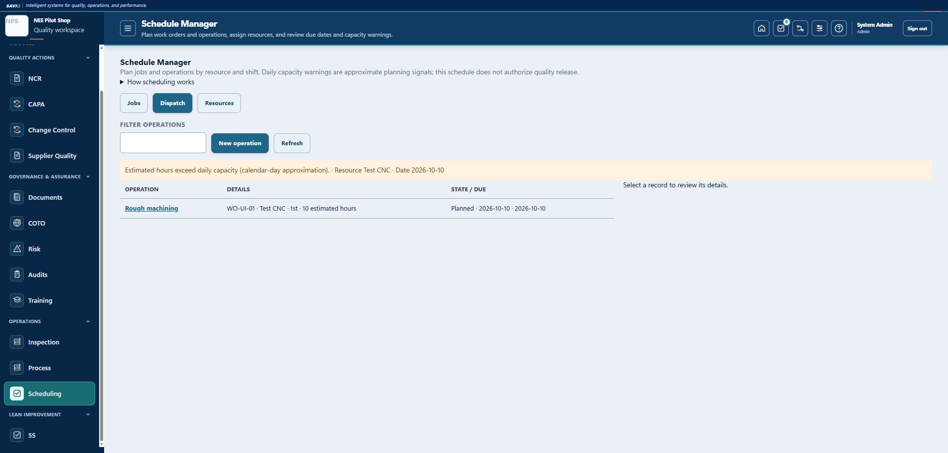 SAVIQ Schedule Manager pilot showing a synthetic work order, machine assignment and daily capacity warning